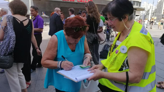 Pilar de YayoFlautas Madrid, recoge firmas para el Blindaje de las Pensiones en la Constitución.