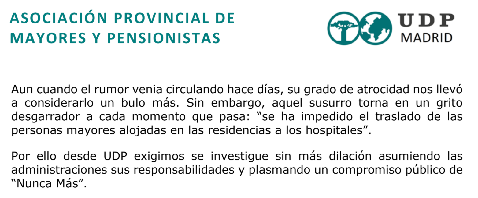UDP Madrid exige la investigación de la exclusión de las personas mayores de los hospitales